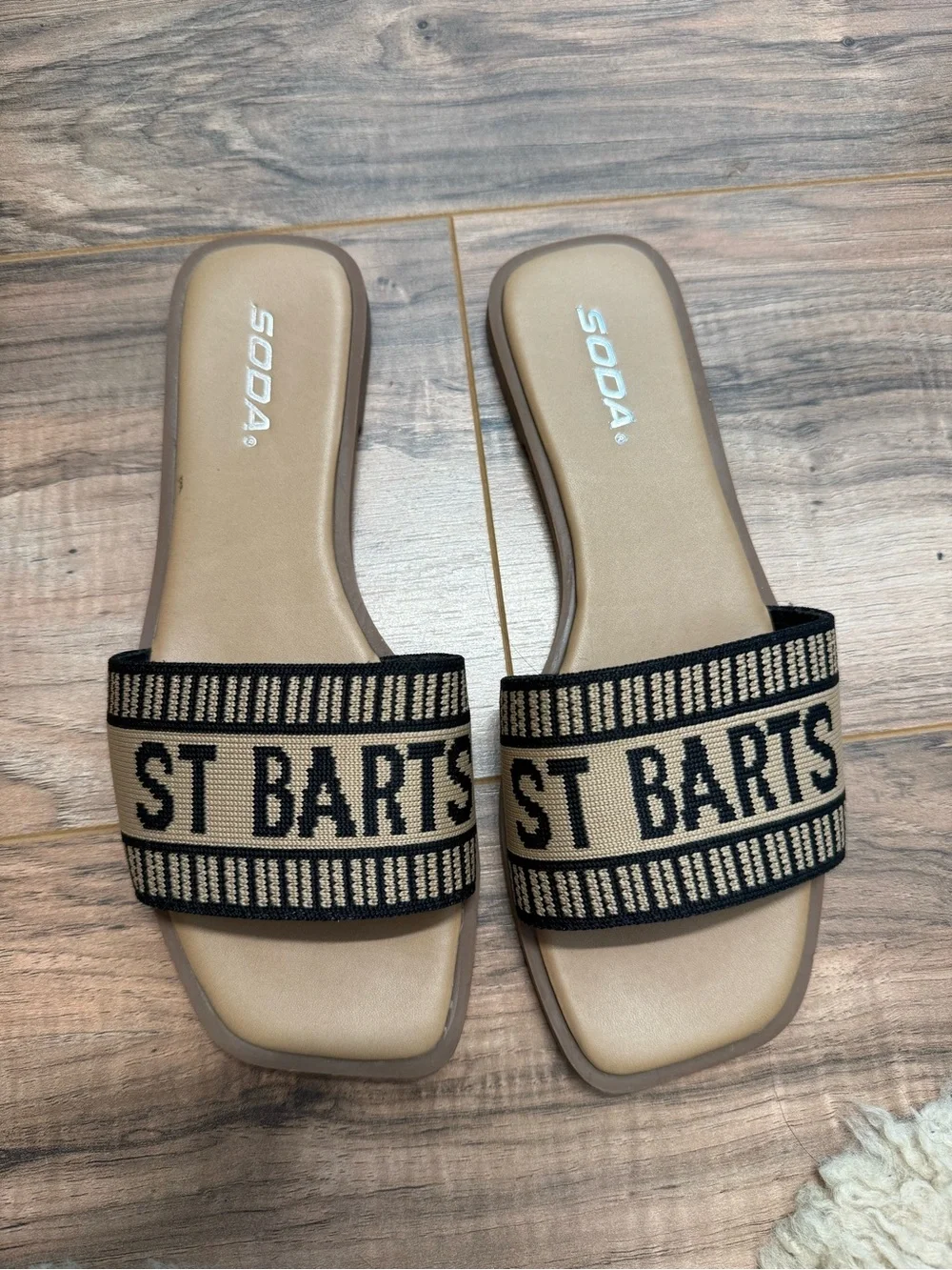 Soda Tan Footbed Black Woven 'ST BARTS' Slide Sandals